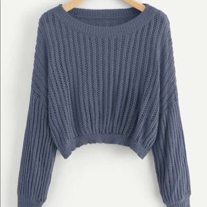 blue open-knit cropped sweater